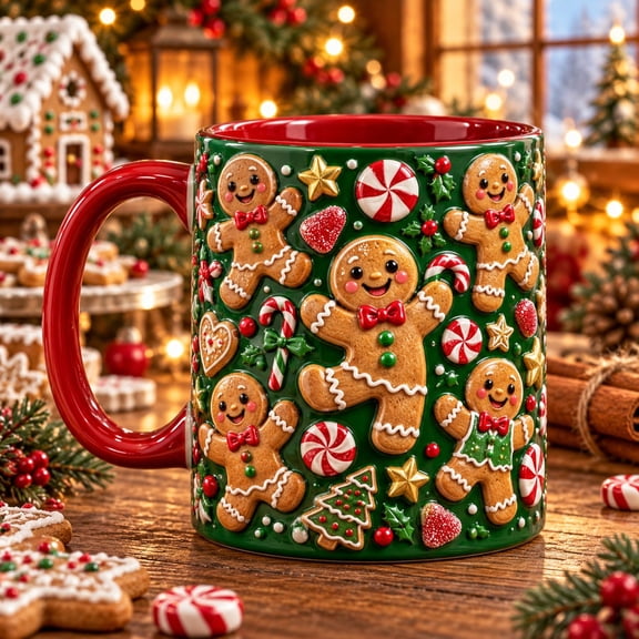 Ceramic Mug with Dancing Gingerbread Cookies and Peppermint Candy for Christmas Coffee Lovers
