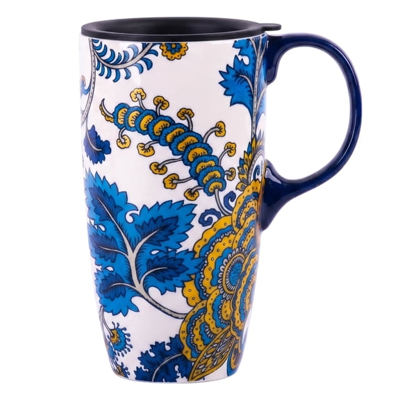 Topadorn Blue & Yellow Paisley Floral Ceramic Travel Mug, 17oz, Spill-Resistant Lid, Microwave & Dishwasher Safe, Gift Boxed