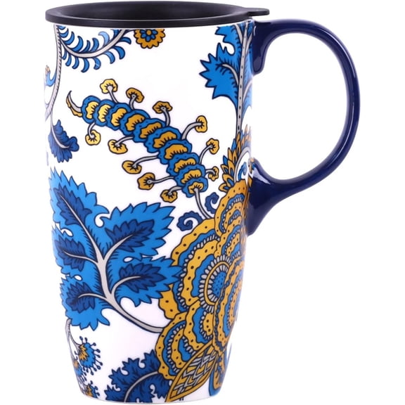 Ceramic Mug with Lid and Handle,17oz. Tall Coffee Cup for ,Party and Birthday,Blue Flower