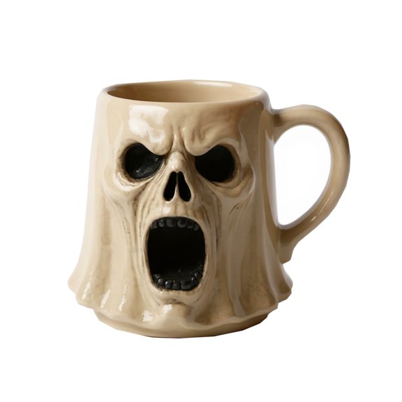Ceramic Mug with Sculpted Skull Face Design for Halloween Themed Beverages and Decorative Display Home or Office Use