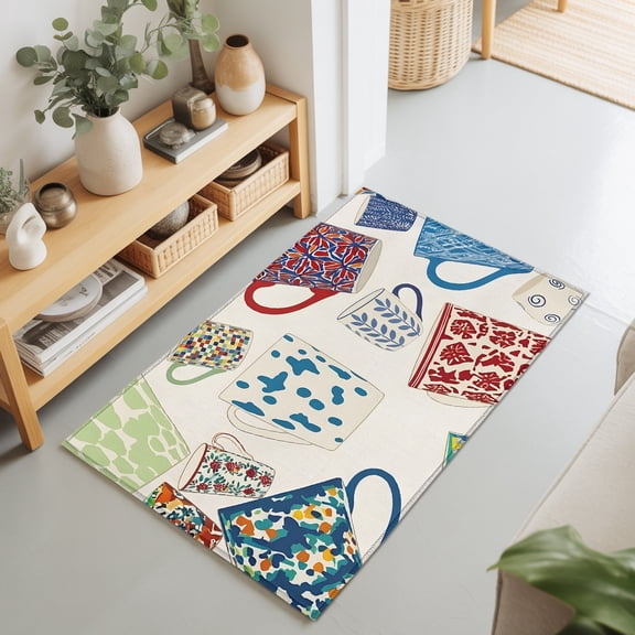Ceramic Mugs 2'x3' Rug for Entryway Front Door Kitchen Sink Area, Rustic Abstract Rustic Farmhouse Beige Low Pile Washable Non Slip Rectangle Area Rug