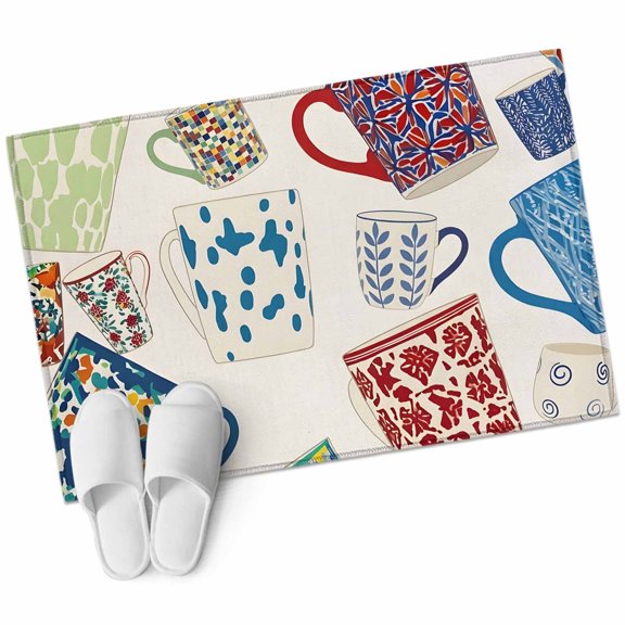 Ceramic Mugs Bathroom Rug Washable 2x3 Entryway Rug Non Slip Vintage Colorful Coffee Tea Cups Front Door Mat Low Pile Indoor Doormat Throw Floor Carpet for Kitchen Bedroom Entrance