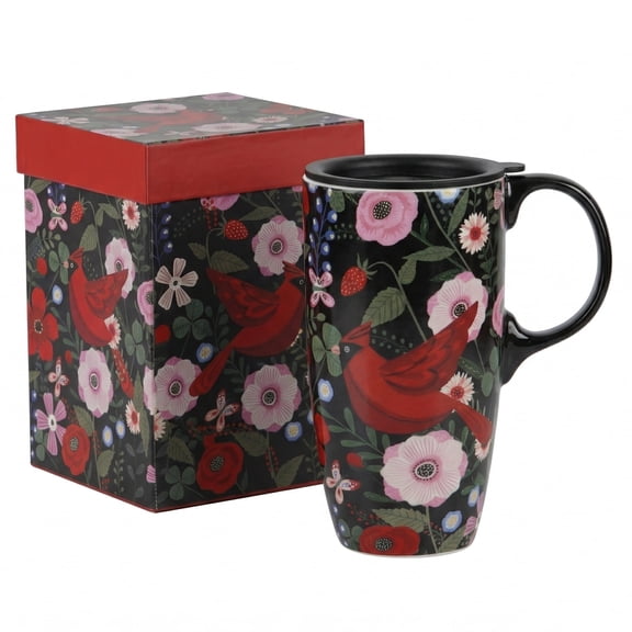 Topadorn Folk Art Cardinal & Floral Ceramic Travel Mug, 17oz, Spill-Resistant Lid, Microwave & Dishwasher Safe, Gift Boxed