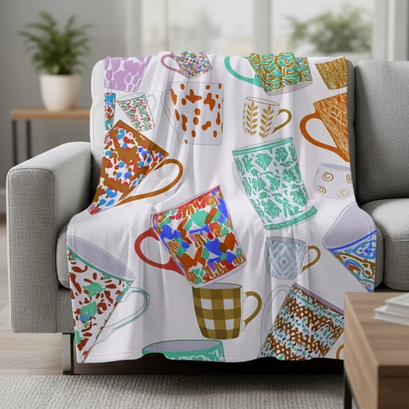 Ceramic Mugs Fleece Throw Blanket Rustic Abstract Rustic Farmhouse Beige Purple Ultra Soft Fuzzy Cozy Flannel Throw Blanket for Couch Sofa Bed Car Travel, Ideal Gifts 50x60 Inches