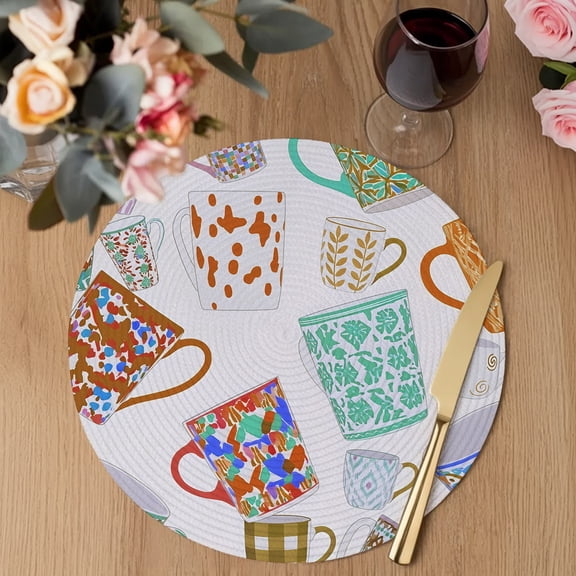 Ceramic Mugs Round Braided Placemats Set of 4, Rustic Abstract Rustic Farmhouse Beige Purple Heat Insulation Place Mats Washable Non-Slip Table Mats for Kitchen Dining Party, 13 Inches