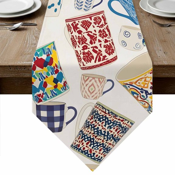 Ceramic Mugs Table Runner Linen Burlap Table Runner 48 Inches Long Vintage Colorful Coffee Tea Cups Dresser Scarves for Kitchen Island Coffee Dining Room Party Wedding Holiday Decoration 13"x48"
