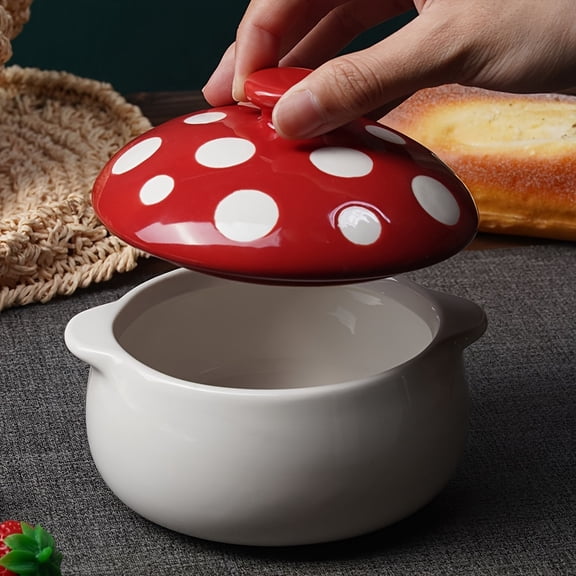 Ceramic Mushroom Bowl with Lid, Red, Microwave & Oven Safe, Suitable for French-Onion Soup Pasta Pot Pies Stews, 1 pc, Mushroom Design with Vegetable Production Theme