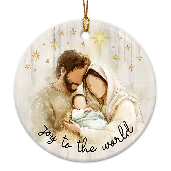 Ceramic Nativity Christmas Ornament Holy Family with Baby Jesus Joy to the World 2025