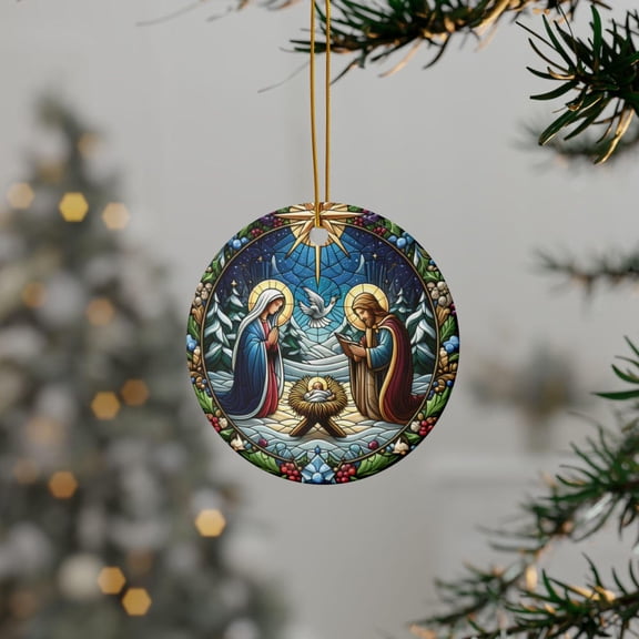 Ceramic Nativity Scene Ornament Religious Christmas Decor 2D FLAT CIRCLE Ceramic Ornament