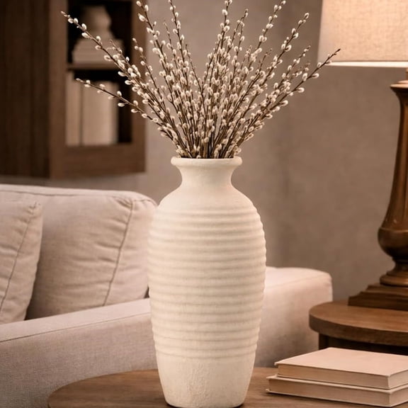 Ceramic Natural Rustic Vase, 14.4 Inch Large Vintage Flower Threaded Decorative Farmhouse Tall Vase for Home Decor, Living Room, Shelf Decor, Wedding, Housewarming Gift, Off-White