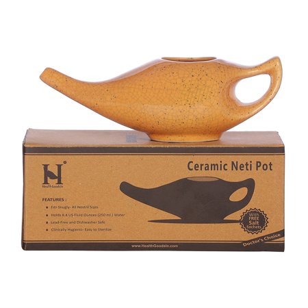 HealthGoodsIn Ceramic Neti Pot for Nasal Cleansing with Crackle Pattern and Neti Salt, 225 mL