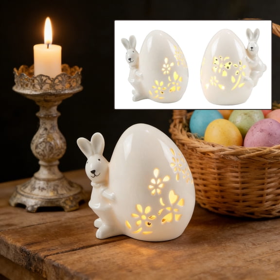 Ceramic Night Light Bunny Shaped Decorative Lamp for Bedroom Home Decor Cute Animal Figurine with Hollow Design Ambient Lighting for Shelf Tabletop Mantel Display