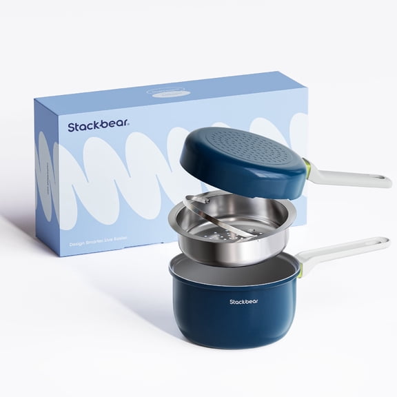 Ceramic Non-Stick Sauce Pan, 2.5QT Saucepan with Frying Pan Lid & Steamer, Induction Cookware Set, Dark Blue