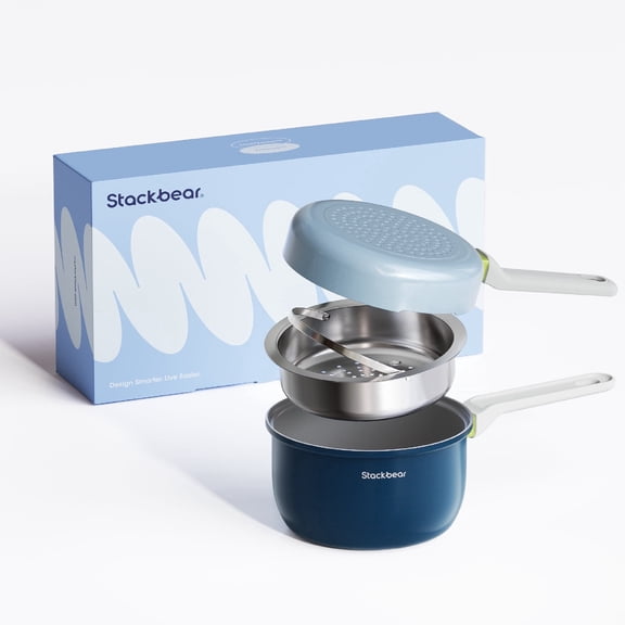 Ceramic Non-Stick Sauce Pan, 2.5QT Saucepan with Frying Pan Lid & Steamer, Induction Cookware Set, Mix Blue