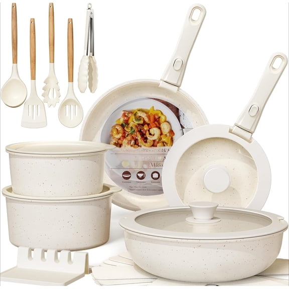 Ceramic Non-stick Cookware 21 Pcs Pots and Pans Set, Detachable Handle, RV Kitchen Non Stick Cooking Set Removable Handles, Oven Safe, Induction Ready, Stackable, Cream White
