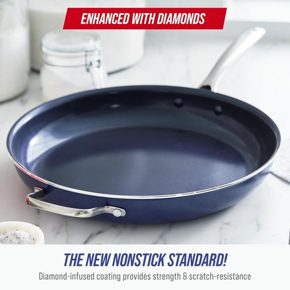 Ceramic Nonstick 14" Frying Pan Skillet, PFAS- Cookware, Jumbo Cooker with Helper Handle, For Large & Family Sized Meals, Dishwasher & Oven Safe, Blue