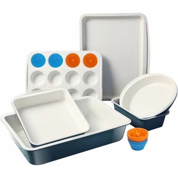 Ceramic Nonstick Baking Pans Set, Non Toxic 30 PCS Stackable Bakeware Sets, 550°F Oven Safe Baking Sheet & Pans, Warp-Free, Dishwasher Safe, PTFE/PFOA/PFOS-Free (Blue)