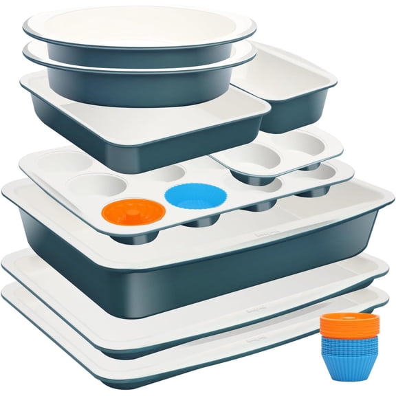 Ceramic Nonstick Baking Pans Set Non Toxic 33 PCS Stackable Bakeware Sets 550F Oven Safe Baking Sheet & Pans Warp-Free Dishwasher Safe PTFE/PFOA/PFOS-Free Blue