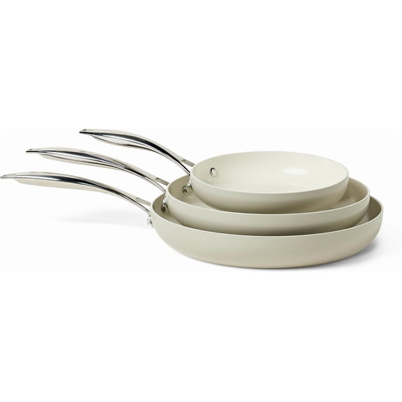 Ceramic Nonstick Cookware, 3-Piece Set of Frying Pans, All Cooktop Induction Compatible, Dishwasher-Safe, Oven-Safe, Linen Gray