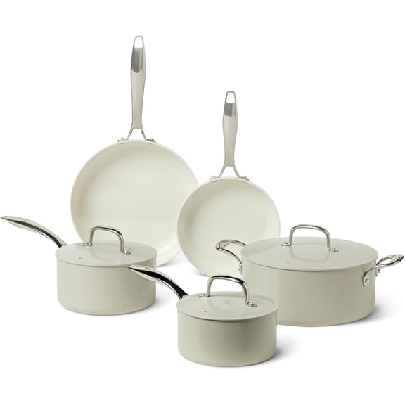 Ceramic Nonstick Cookware, 8-Piece Set of Pots and Pans, Dishwasher and Oven-Safe, All Cooktop Friendly, Linen Gray