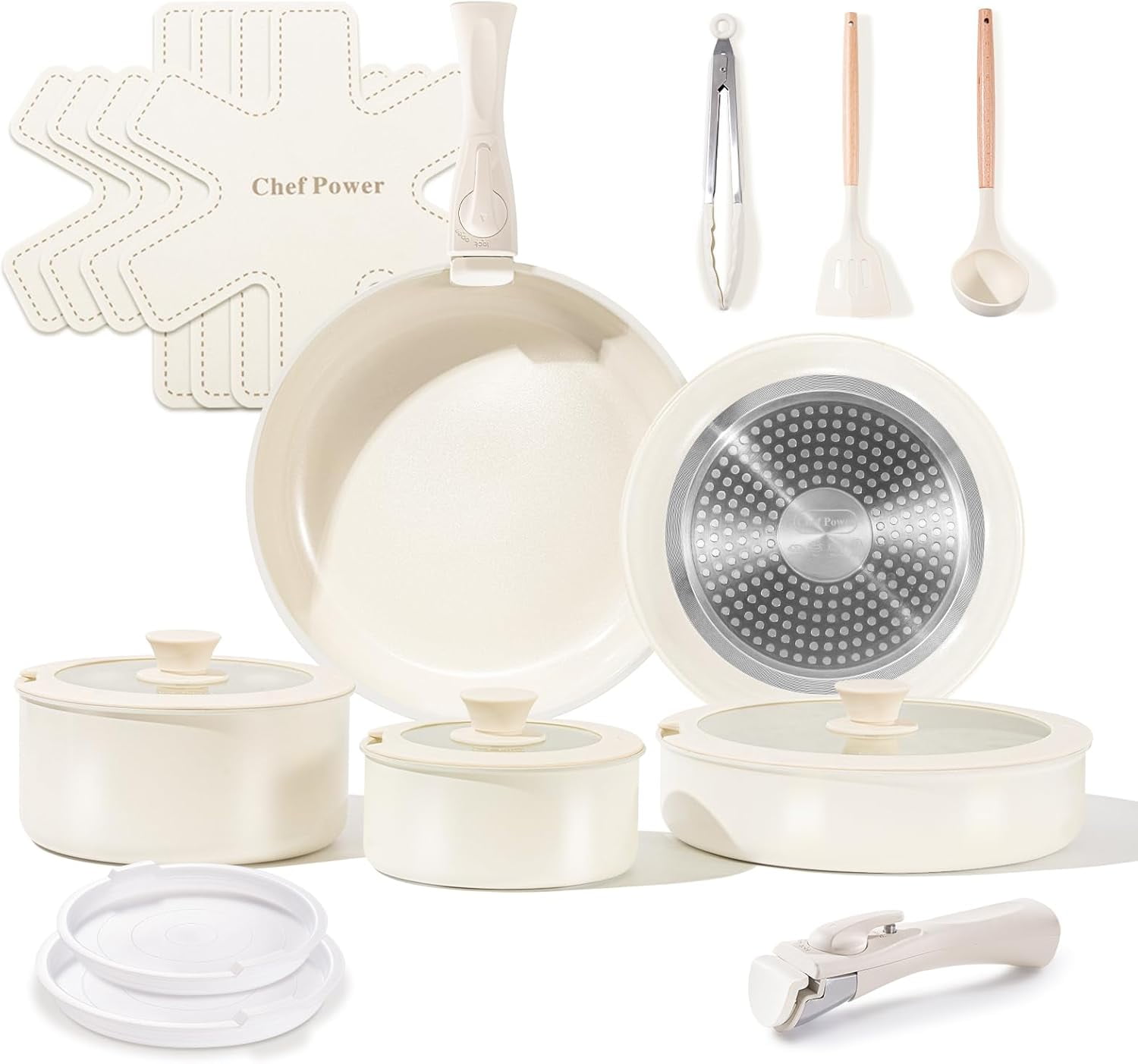 Cream White Ceramic Nonstick 19-Piece Cookware Set with Detachable Handle