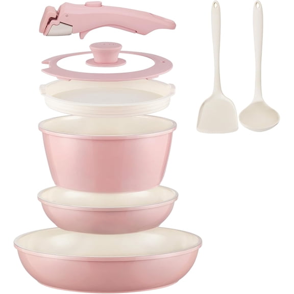 Ceramic Nonstick Cookware Set 8-Piece with Removable Handles Induction Oven Safe Light Pink