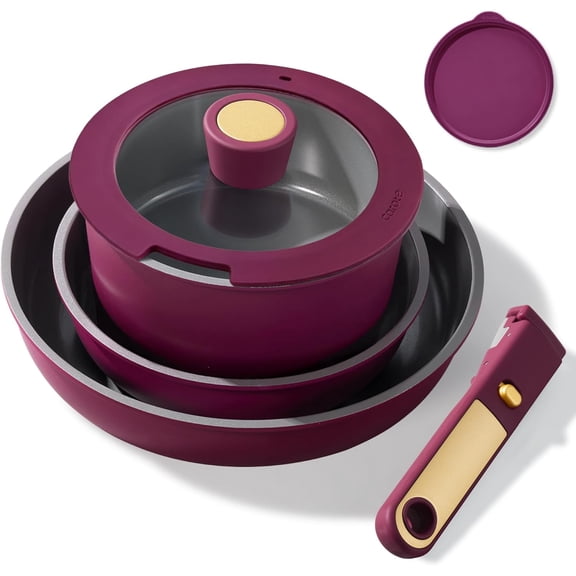 Ceramic Nonstick Cookware Set with Detachable Handle 6 Piece Oven Safe Induction Compatible Purple