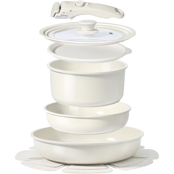 Ceramic Nonstick Cookware Set with Detachable Handles Dishwasher and Oven Safe Induction Compatible 8 Piece White