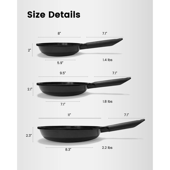 Ceramic Nonstick Frying Pan Set - 8, 9.5 & 11 Inch Skillet for Healthy Cooking