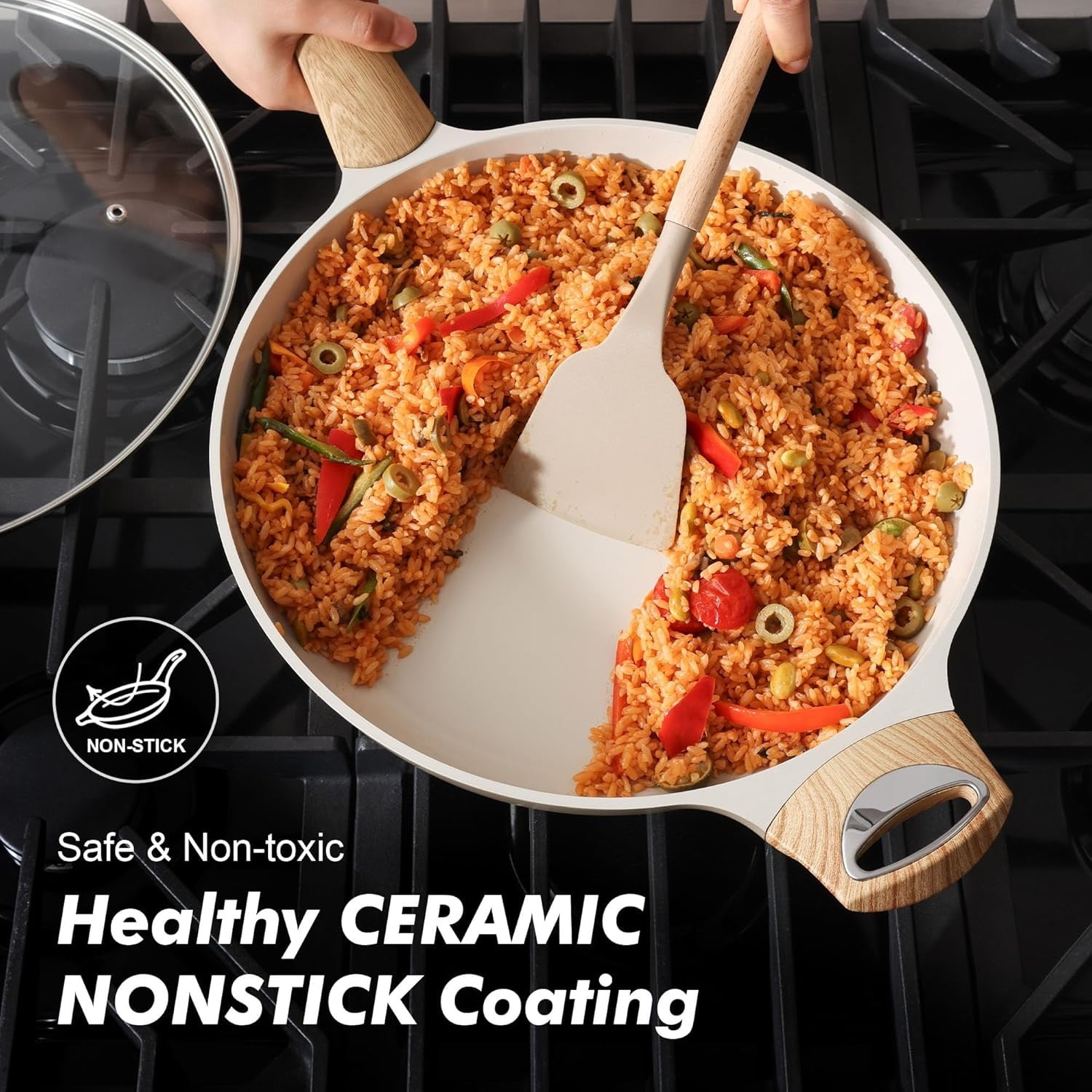 Ceramic Nonstick Frying Pan Skillet with Hot-resistant Handle 12.5Inch Large   Healthy Kitchen Cooking Chef's Pan
