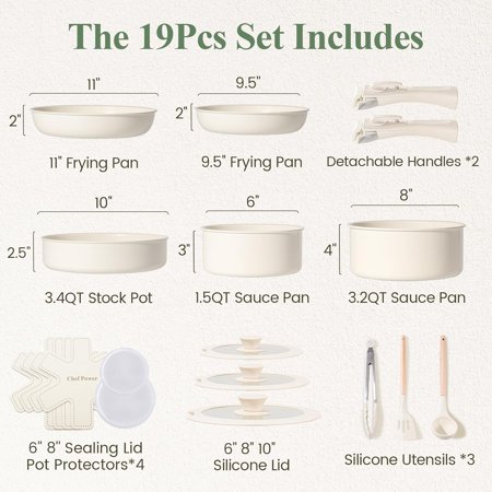 Ceramic Nonstick Pots and Pans Set 19 Piece with Detachable Handle, Induction Dishwasher Oven Safe Cookware Set, Kicthen Set Removable Handle, Granite Grey and White