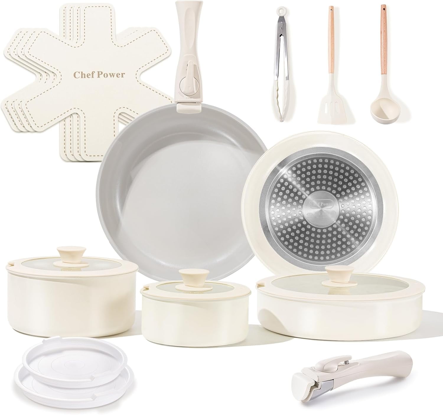 Cream White Ceramic Nonstick 19-Piece Cookware Set with Detachable Handle