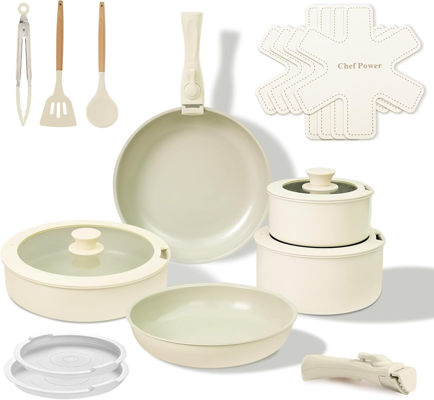 Cream White Ceramic Nonstick 19-Piece Cookware Set with Detachable Handle