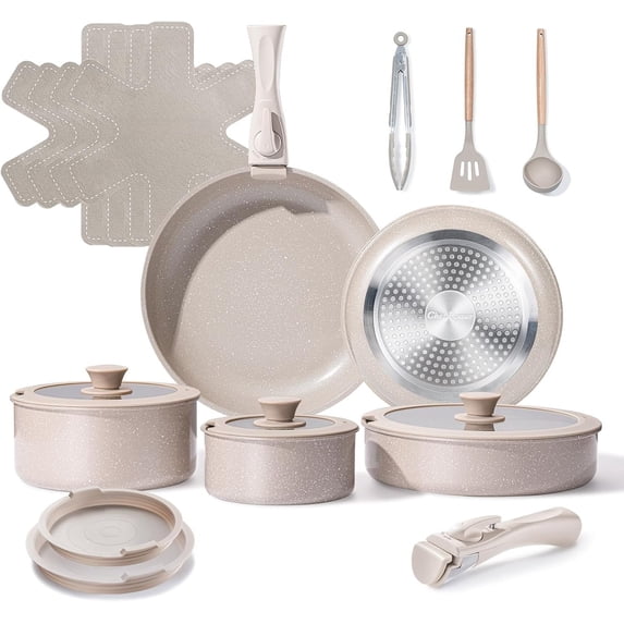 Ceramic Nonstick Pots and Pans Set 19 count with Detachable Handle, Induction Dishwasher Oven Safe Cookware Set, RV Kitchen Set Removable Handle, Mocca Taupe