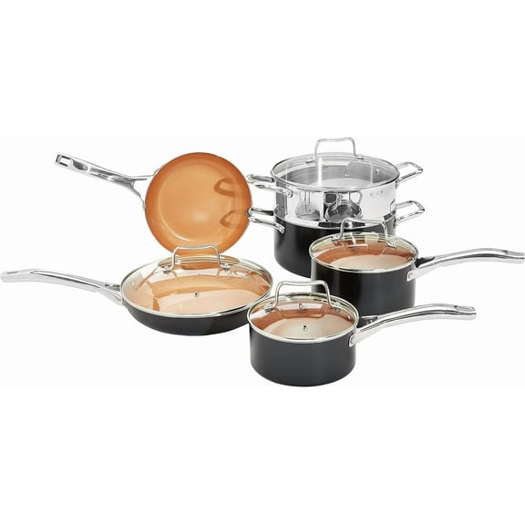 Ceramic Nonstick Pots and Pans Cookware Set, Dishwasher & Oven Safe, Even Heating, 10-Piece Set, Copper Color