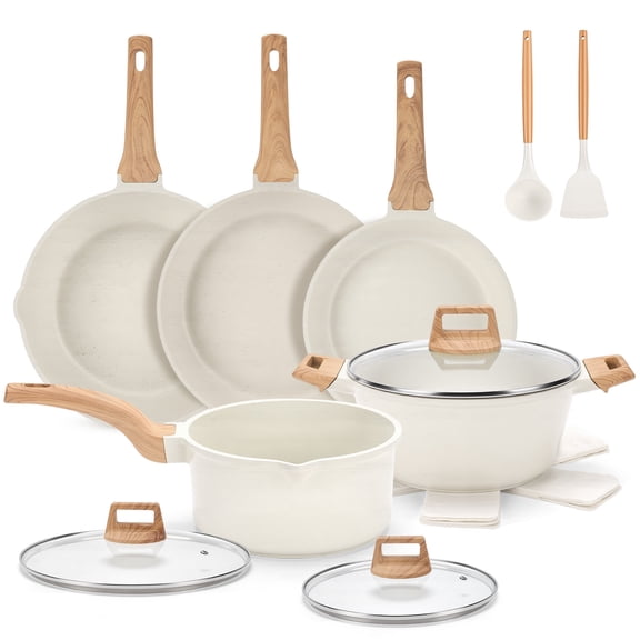 Ceramic Nonstick Pots and Pans Set, 14Pcs Healthy Non Stick Cookware Set with Pots Protectors, Induction Kitchen Cookware Sets White