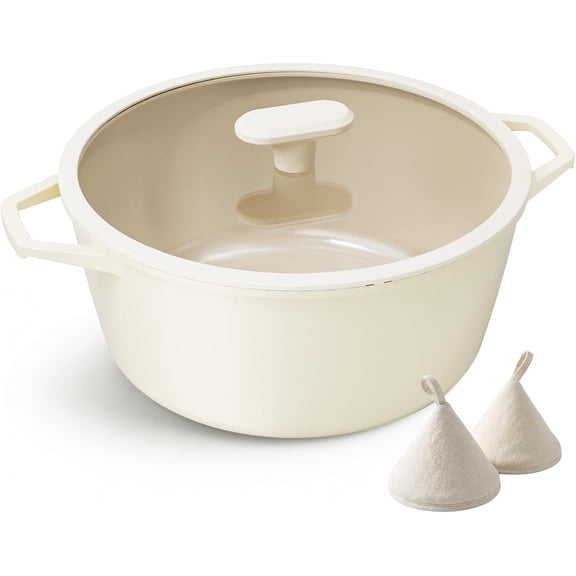 Ceramic Nonstick Stock Pot with Silicone Rim Glass Lid, 4.5/7QT Soup Pot Casserole, Cooking Pot, Induction Compatible, Dishwasher Safe, Ideal for Pasta & Stews,  Coconut White