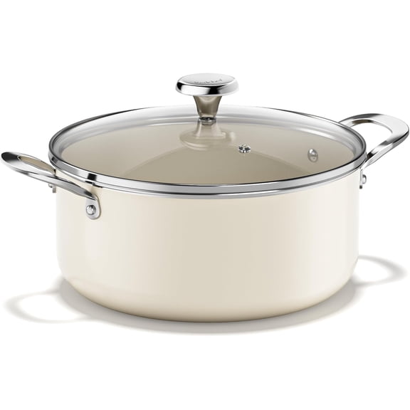 Ceramic Nonstick Stock Pot with Lid, 5 Quart, Beige, Oven and Dishwasher Safe