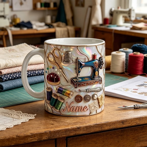 Ceramic Novelty Coffee Mug Cup, Creative Sewing Pattern Printed Tea Milk Water Cup, Durable Everyday Drinkware for Office Desk Home Kitchen Coffee Break Gift