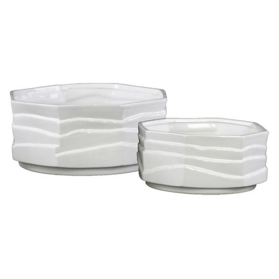 Ceramic Octagonal Pot, Set of Two- White- Benzara