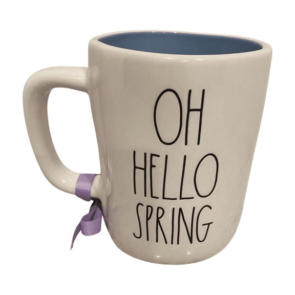 Ceramic Oh Hello Spring Coffee Mug Seasonal White Tea Cup with Blue Interior, Cute Spring Coffee Cup Gift