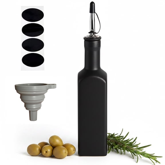 Ceramic Oil Dispenser Bottle, 10.1 fl oz / 300 ml Matte Black Kitchen Dispenser, Includes Funnel and Stickers, Ideal for Vinegar and Olive Oil Storage