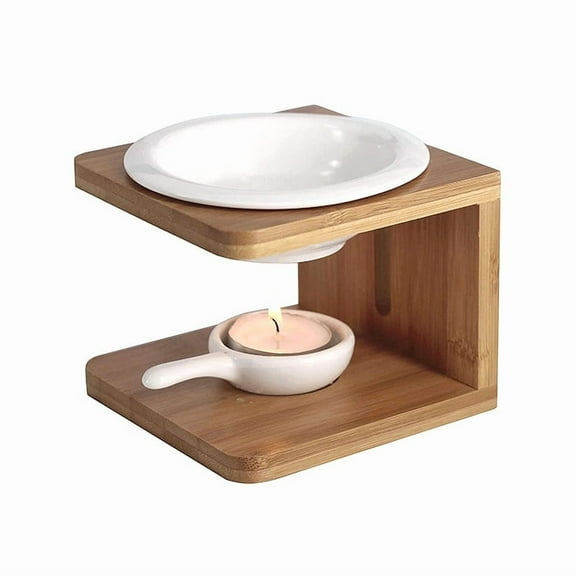 Ceramic Oil Warmer with Bamboo Stand, 2-Tier Essential Oil Burner, White