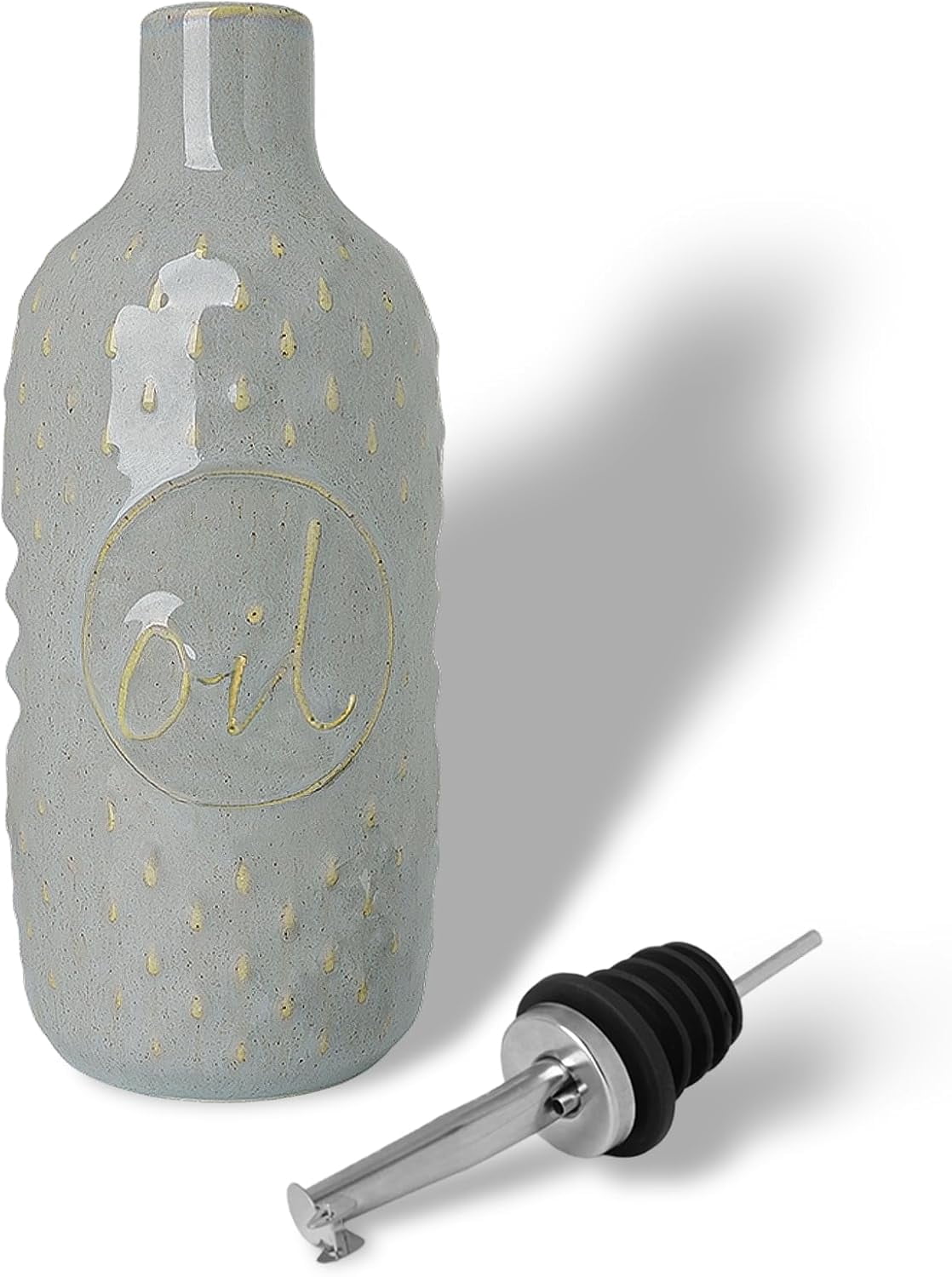 Ceramic Olive Oil Dispenser Bottle, 13 Oz Relief Opaque Oil Cruet, Oil Dispenser for Kitchen Counter, for Storage Oil, Vinegar, Soy Sauce, Coffee Syrup, Liquids (Grey)