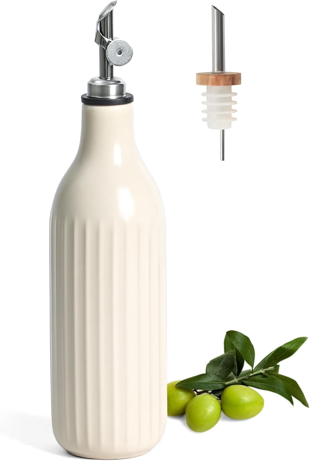 Ceramic Olive Oil Dispenser Bottle, 19 oz Oil Bottles for Kitchen and Vinegar Dispenser Bottle, Suitable for Oil, Vinegar, Coffee Syrups & Other Liquids, Off White