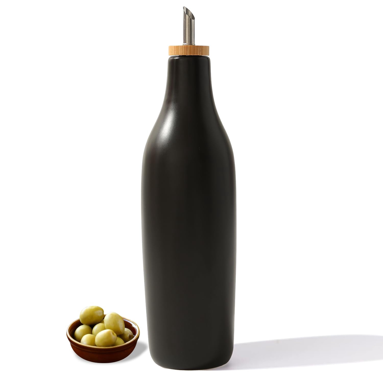Ceramic Olive Oil Dispenser for Kitchen, Stoneware 16oz Oil Cruet and Vinegar Bottles Dispenser, Kitchen Dispenser Bottle for EVOO Vinegar Syrups, Modern Farmhouse Design(B-O)