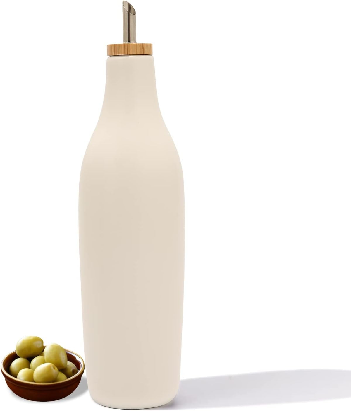 Ceramic Olive Oil Dispenser for Kitchen, Stoneware 16oz Oil and Vinegar Bottles Dispenser, Kitchen Dispenser Bottle for EVOO Vinegar Syrups, Modern Farmhouse Design(W)