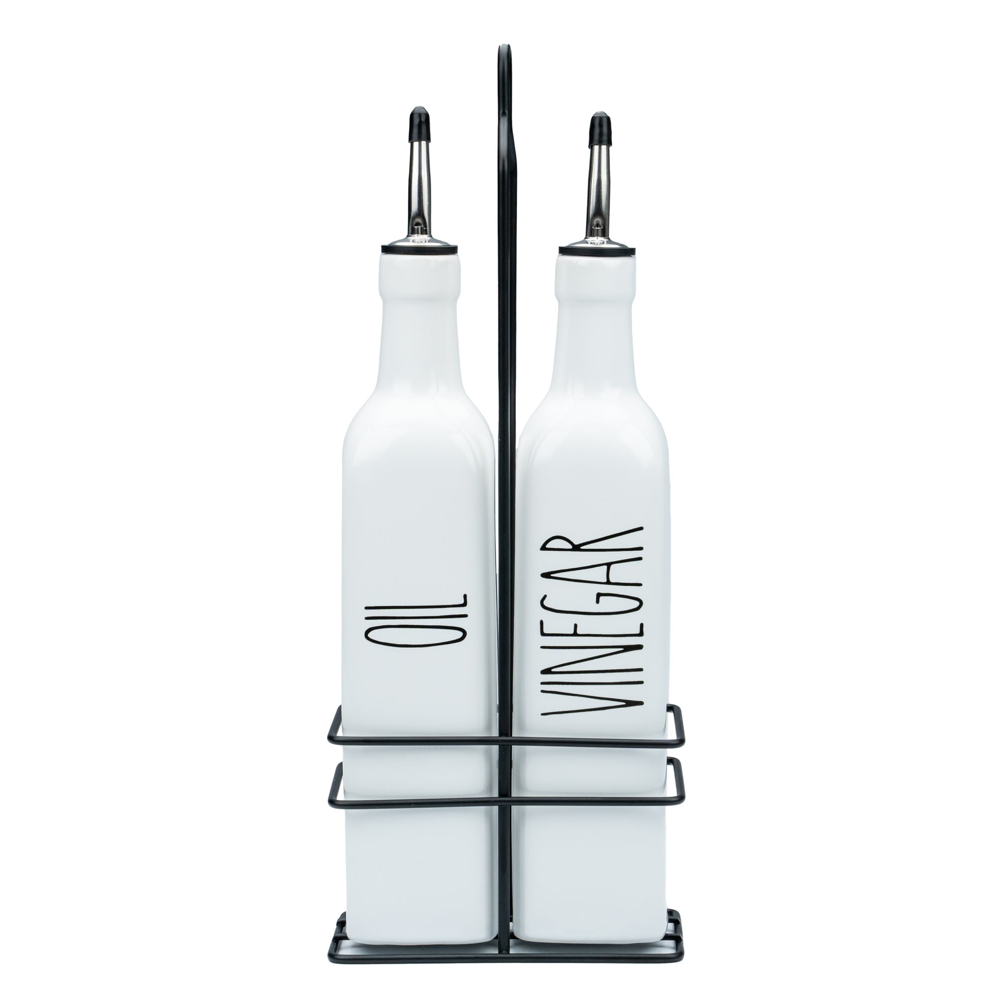 Ceramic Olive Oil & Vinegar Dispenser Set With Caddy (White)