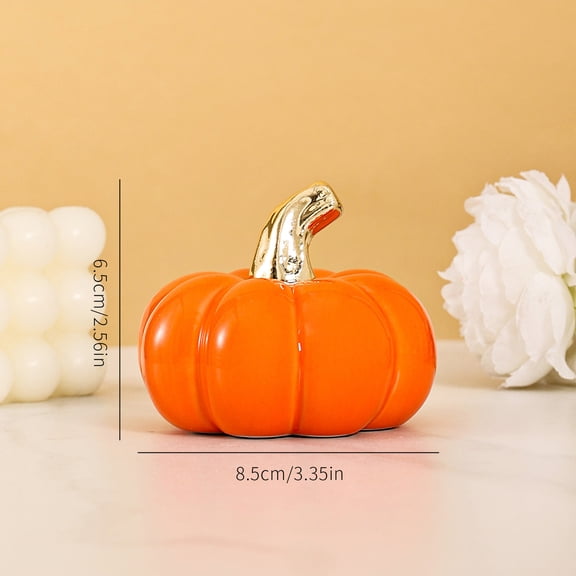 Ceramic Orange Pumpkin Decor, Glossy Harvest Tabletop Statue with Gold Stem for Shelf Mantel Home Decor, 3.35 in