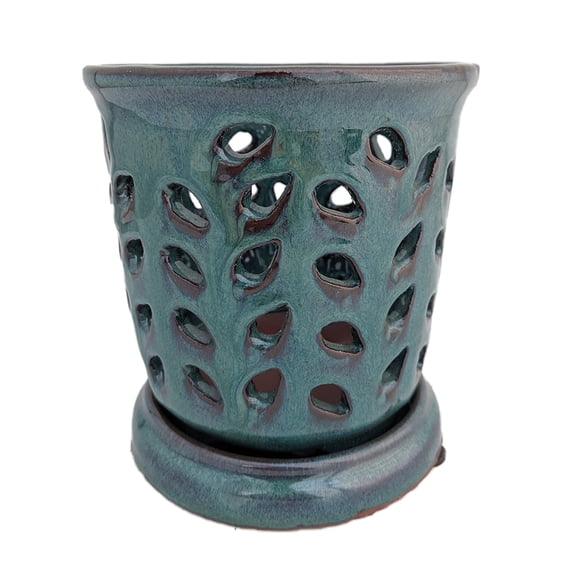 Ceramic Orchid Pot/Saucer 5 1/4" x 5 1/2" - Deep Moss Green